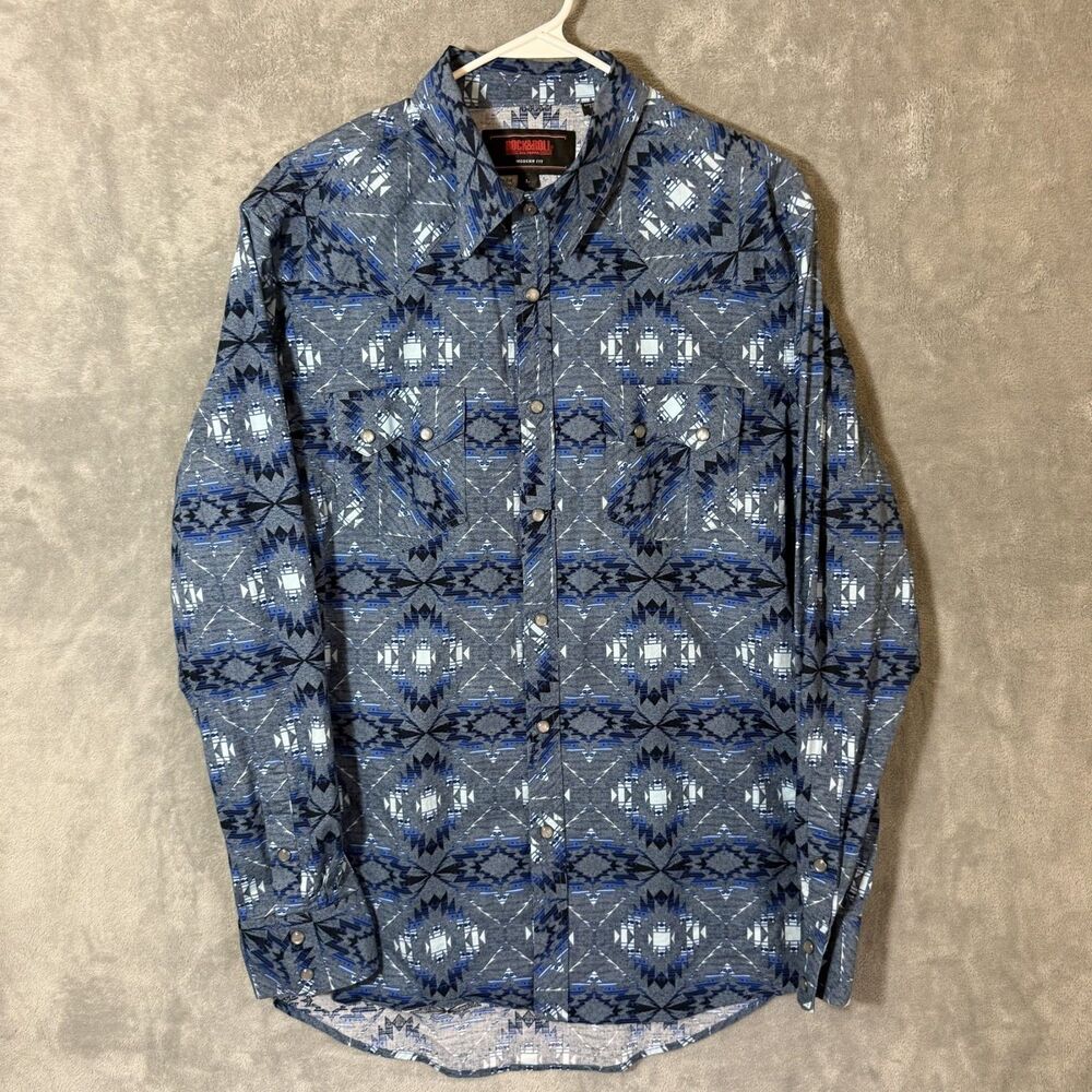 Rock & Roll Denim Shirt Mens L Blue Aztec Western Pearl Snap Long Sleeve